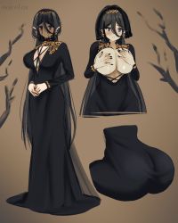  1girl absurdres ass black_hair blue_eyes breasts breasts_out cleavage covering_privates covering_breasts dress earrings elf highres jewelry long_dress nail_polish noiretox pointy_ears solo veil  rating:Sensitive score:94 user:cheezeit