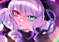  1girl absurdres black_gloves black_hat black_scarf blue_eyes blunt_bangs blurry blurry_foreground commentary delicious_party_precure depth_of_field domino_mask drill_hair gentlu_(precure) gloves grey_hair hat heterochromia highres holding holding_mask kasai_amane light_frown lips long_hair looking_at_viewer mask mitsuki_tayura parted_lips precure red_eyes scarf solo sparkle top_hat unworn_mask 