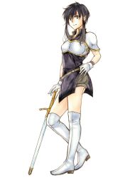  1girl armor black_hair boots breastplate dokkirium fire_emblem fire_emblem:_genealogy_of_the_holy_war gloves highres holding holding_sword holding_weapon larcei_(fire_emblem) looking_at_viewer nintendo planted planted_sword planted_weapon purple_tunic short_shorts shorts shoulder_armor sidelocks smile solo sword thigh_boots tomboy tunic weapon 