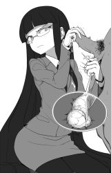  1boy 1girl abuse bad_id bad_pixiv_id ball_busting bdsm blazer castration cbt clothed_female_nude_male cross-section crotch_kick cum dress femdom flat_chest formal glasses gloved_handjob gloves greyscale handjob hetero highres hime_cut jacket long_hair male_pubic_hair monochrome necktie nude pain pantyhose pencil_skirt penis pinky_out pubic_hair ruptured_testicle seiza shinmai_fukei_kiruko-san sitting skirt skirt_suit spacezin squeezing_testicles suit testicles thighhighs uchigane_chiaki uncensored very_long_hair 