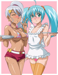  2girls apron bakugan bare_shoulders bikini bikini_top_only blue_eyes blue_hair blush breasts cameltoe carrying censored collarbone covered_erect_nipples dark-skinned_female dark_skin earrings female_focus green_eyes hair_between_eyes heart heart_censor highres jewelry julie_heyward long_hair looking_at_viewer makino_tomoyasu midriff misaki_runo multiple_girls naked_apron navel no_panties novelty_censor one_eye_closed orange_legwear pink_background short_shorts shorts side_ponytail silver_hair simple_background smile standing striped_bikini striped_clothes sweat swimsuit thighhighs thighs tray twintails v wink  rating:Questionable score:82 user:Furio