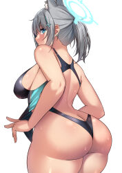 1girl absurdres animal_ear_fluff animal_ears aqua_eyes ass back bare_arms black_one-piece_swimsuit blue_archive breasts butt_crack closed_mouth clothes_pull cross_hair_ornament ear_piercing grey_hair hair_ornament halo highres large_breasts looking_at_viewer muyoshito official_alternate_costume one-piece_swimsuit one-piece_swimsuit_pull piercing ponytail shiroko_(blue_archive) shiroko_(swimsuit)_(blue_archive) sideboob simple_background solo standing sweat swimsuit thighs white_background wide_hips
