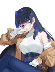  1girl bare_shoulders bent_over black_hair blue_eyes blue_hair blue_pants blunt_bangs breasts brown_coat coat colored_inner_hair denim hair_intakes high-waist_pants highres hololive hololive_english jeans kam-ja large_breasts long_hair long_sleeves multicolored_hair official_alternate_costume official_alternate_hair_length official_alternate_hairstyle ouro_kronii ouro_kronii_(casual) pants solo sweater sweater_tucked_in trench_coat turtleneck virtual_youtuber white_sweater  rating:General score:6 user:danbooru