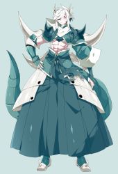  1boy abs aggron arm_at_side armor blue_background blush claws full_body gauntlets grey_skirt hair_over_one_eye highres horns male_focus momosiro muscular personification pointy_ears pokemon red_eyes skirt standing tail 