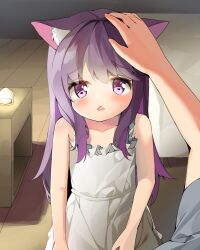  child fox_girl head_pat highres long_hair original purple_eyes purple_hair sad  rating:General score:5 user:Neid