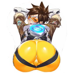  1girl ass gloves highres huge_ass looking_back mousepad mousepad_(object) overwatch overwatch_1 short_hair simple_background solo taka-michi tracer_(overwatch) visor white_background  rating:Sensitive score:41 user:Anthony69