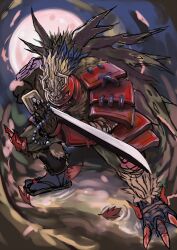 1boy claws digimon digimon_(creature) katana male_focus musyamon samurai solo sword weapon