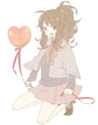  1girl :d ai_ne_ko alternate_costume balloon bare_legs blue_eyes brown_footwear brown_hair commentary_request creatures_(company) full_body game_freak grey_jacket heart heart_balloon hilda_(pokemon) holding holding_ribbon jacket kneeling long_hair looking_at_viewer nintendo no_headwear open_mouth pink_skirt pleated_skirt pokemon pokemon_bw ponytail ribbon sidelocks simple_background skirt smile smiley_face solo white_background 
