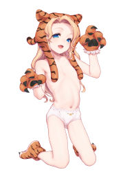 1girl animal_ears aya_shachou blonde_hair blue_eyes boots cameltoe fangs female_focus full_body highres kneeling loli looking_at_viewer open_mouth simple_background solo teeth tiger tiger_ears tongue underwear underwear_only upper_teeth_only white_background rating:Explicit score:147 user:Loliseduce