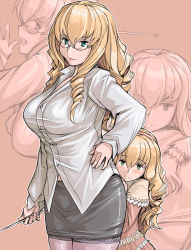  00s 2girls bespectacled blonde_hair blush breasts drill_hair dual_persona glasses green_eyes hairband hand_on_own_hip hinaichigo hip_focus large_breasts multiple_girls aged_up pencil_skirt pointer rozen_maiden siblings sisters skirt teacher thighhighs tsuda_nanafushi zoom_layer  rating:Sensitive score:26 user:flbf