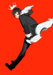  1boy black_eyes black_hair closed_mouth commentary crown_(symbol) durarara!! from_side full_body fur-trimmed_jacket fur_trim haloggz hands_in_pockets hood hooded_jacket jacket looking_at_viewer male_focus orihara_izaya red_background short_hair sketch smile solo wind wind_lift 