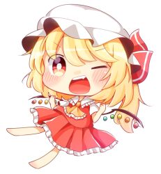 1girl 2019 ascot blonde_hair blush chibi chinese_zodiac clenched_hands fang flandre_scarlet frilled_ascot frilled_shirt_collar frilled_skirt frills hat highres kokochi looking_at_viewer medium_hair mob_cap multicolored_wings one_eye_closed one_side_up open_mouth red_eyes red_skirt red_vest shirt short_sleeves skirt solo teeth touhou upper_teeth_only vest white_hat white_shirt wings year_of_the_pig