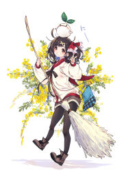  1girl :d absurdres allie=abel black_pantyhose black_ribbon blue_bag blush broom brown_footwear brown_hair brown_shorts cardigan commentary_request creature_on_head floral_background flower grin hair_ornament hairclip hamayumiba_sou highres holding holding_broom loose_hair_strand majo_no_hanaya-san mamoru-kun_(majo_no_hanaya-san) mandragora medium_hair neck_ribbon open_mouth pantyhose pantyhose_under_shorts pink_eyes red_sailor_collar red_shirt ribbon sailor_collar shirt shoes short_shorts shorts smile solo translation_request unkempt v white_background white_cardigan x_hair_ornament yellow_flower 