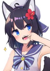 1girl absurdres ahoge animal_ear_fluff animal_ears armpits bare_shoulders black_hair blue_bow blue_eyes blush bow bowtie brooch buttons collarbone commentary_request fangs finger_in_own_mouth flat_chest flower hair_flower hair_ornament hat head_tilt highres jewelry looking_at_viewer mouth_pull open_mouth original red_flower sailor_hat saisoku_no_yukkuri school_uniform serafuku shirt short_hair simple_background sleeveless sleeveless_shirt solo sparkle striped striped_bow tail upper_body white_background white_hat white_shirt wolf_ears wolf_tail rating:Sensitive score:5 user:danbooru