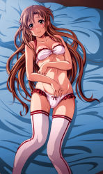  1girl absurdres armpits asuna_(sao) bare_shoulders bed bed_sheet bedroom blush bow bow_panties bra breasts cameltoe cleavage collarbone eyelashes female_focus fingernails frilled_bra frilled_panties frills from_above hands_on_own_stomach happy highres indoors knees_together_feet_apart large_breasts legs lingerie long_hair looking_at_viewer lying midriff navel neck nervous_smile night orange_eyes orange_hair panties parted_bangs partially_undressed pillow pov ribbon_panties shian_(my_lonly_life.) shiny_clothes shiny_skin shy smile sword_art_online thighhighs thighs two-tone_legwear underwear underwear_only unworn_footwear white_bra white_panties white_thighhighs 
