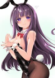  1girl :t animal_ears black_leotard blunt_bangs blush bow bowtie breasts brown_pantyhose cleavage detached_collar fake_animal_ears fake_tail fern_(sousou_no_frieren) frapowa highres large_breasts leotard long_hair looking_at_viewer pantyhose playboy_bunny pout purple_eyes purple_hair rabbit_ears rabbit_tail red_bow red_bowtie sidelocks simple_background solo sousou_no_frieren straight_hair strapless strapless_leotard tail white_background white_wrist_cuffs wrist_cuffs 