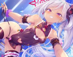 1girl arm_garter armpits bare_shoulders black_panties blue_archive blue_sky blush breasts cameltoe china_dress chinese_clothes clothing_cutout covered_erect_nipples covered_navel dress female_focus frills gluteal_fold grin hair_ornament hair_ribbon heart heart_cutout jewelry leotard loli long_hair looking_at_viewer mutsuki_(blue_archive) nail_polish outstretched_arms panties purple_eyes ribbon scrunchie sky small_breasts smile solo standing tassel thighhighs thighs toraishi_666 twintails underwear very_long_hair white_hair rating:Questionable score:129 user:danbooru