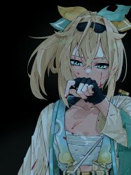  1girl absurdres ao_no_kitsune aqua_bow aqua_eyes black_background black_gloves blonde_hair blood blood_on_body blood_on_clothes blood_on_face blood_on_hands blue_eyes bow collarbone covering_own_mouth fingerless_gloves gloves hair_between_eyes hair_bow hand_over_own_mouth hand_up headband highres hololive jacket japanese_clothes kazama_iroha long_hair long_sleeves looking_down medium_hair open_clothes open_jacket ponytail sarashi serious simple_background solo torn_bow upper_body virtual_youtuber wiping_blood wiping_mouth yellow_bow 