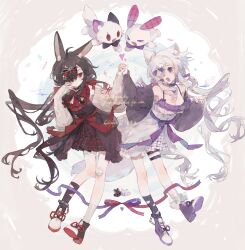  &gt;_&lt; 2girls :d absurdres ahoge animal_ear_fluff animal_ears artist_name asymmetrical_legwear bacheally bandaged_leg bandages bandaid bandaid_on_knee bandaid_on_leg bare_shoulders black_collar black_dress black_footwear black_hair black_socks blue_ribbon bow bowtie breasts camisole cardigan cat_ears chain cleavage collar commission cuffs dress eyepatch footwear_bow frilled_dress frills full_body hair_bow hair_ornament hair_over_one_eye heart highres holding_hands jacket knees_together_feet_apart leaning_back long_hair long_sleeves looking_at_another low_twintails multiple_girls off_shoulder open_clothes open_jacket open_mouth original parted_lips plaid plaid_skirt puffy_sleeves purple_bow purple_eyes purple_footwear rabbit rabbit_ears rabbit_girl red_bow red_eyes red_ribbon ribbon shackles shoe_soles shoes signature simple_background skirt sleeveless sleeveless_dress sleeves_past_wrists smile socks spaghetti_strap sparkle tail thigh_strap twintails uneven_legwear very_long_hair watermark white_background white_dress white_footwear white_hair white_socks 