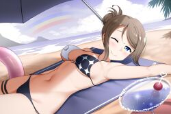  1girl absurdres beach bikini blue_eyes blush breasts from_side highres innertube limelam06 looking_at_viewer love_live! love_live!_sunshine!! lying medium_breasts on_back ponytail short_hair solo swim_ring swimsuit thighs watanabe_you 