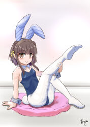  1girl adapted_costume akashieru animal_ears bare_shoulders blue_leotard blush bow bowtie brown_eyes brown_hair covered_navel detached_collar fake_animal_ears grey_background highres kantai_collection leotard looking_at_viewer necktie pantyhose pillow playboy_bunny rabbit_ears ribbon short_hair short_hair_with_long_locks signature sitting smile solo strapless strapless_leotard ukuru_(kancolle) white_pantyhose wrist_cuffs 