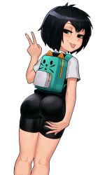  1girl absurdres ahoge ass ass_focus ass_grab backpack bag bike_shorts black_hair black_vest blush brown_eyes commission commissioner_upload eyebrows eyelashes feet_out_of_frame female_focus fingernails from_behind grabbing_own_ass hair_between_eyes highres loodncrood looking_back marvel peni_parker shirt short_hair smile smug solo spider-man:_into_the_spider-verse spider-man_(series) spider-verse thighs tongue tongue_out v vest white_shirt  rating:Sensitive score:673 user:Tempsex