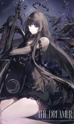  1girl ambience_synesthesia arknights armlet artist_name black_choker black_dress black_eyes black_gloves black_halo black_wings blunt_bangs broken_halo cello choker closed_mouth commentary crescent dark_halo detached_wings dress energy_wings english_text feet_out_of_frame frilled_choker frilled_dress frills from_side gloves halo hand_up highres hime_cut holding holding_instrument instrument leaf light_particles long_hair long_sleeves looking_at_viewer looking_to_the_side mole mole_under_eye night night_sky official_alternate_costume outdoors pale_skin see-through see-through_dress short_dress sidelocks signature sitting sky smile solo star_(symbol) straight_hair thick_thighs thighs very_long_hair virtuosa_(arknights) wings yellow_pupils yuki_flourish 