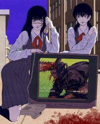  1995 2girls black_hair black_jacket blue_background breasts building cdtxufre chainsaw_man dated denji_(chainsaw_man) dual_persona fourth_east_high_school_uniform highres jacket long_hair looking_at_viewer mitaka_asa multiple_girls nervous_sweating open_mouth phone scar scar_on_face school_uniform shirt sweat talking_on_phone television white_background white_shirt wince yellow_eyes yoru_(chainsaw_man) 