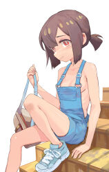  1girl bag blue_overalls blush breasts bright_pupils brown_hair check_copyright copyright_request looking_at_viewer naked_overalls original overalls red_eyes shoes short_hair short_ponytail small_breasts smile sneakers solo stairs white_pupils yugen99 