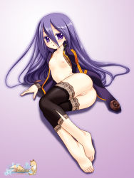  1girl anus arm_support ass barefoot blush bottomless breasts cleft_of_venus feet flat_chest highres lace loli long_hair looking_at_viewer lying nakajima_konta nipples no_bra no_panties on_side open_clothes open_shirt purple_eyes purple_hair pussy shirt small_breasts small_nipples solo thighhighs uncensored  rating:Explicit score:40 user:danbooru