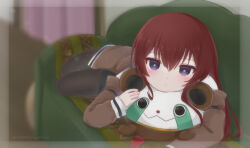 1girl black_footwear black_pantyhose blurry blurry_background border brown_jacket couch depth_of_field dot_nose hair_between_eyes highres holding holding_stuffed_toy indoors jacket jitome kanzaki_nyo light_blush long_hair looking_at_viewer lying makise_kurisu on_stomach pantyhose parted_lips purple_eyes red_hair shirt short_shorts shorts solo steins;gate stuffed_toy twitter_username upa_(steins;gate) white_shirt