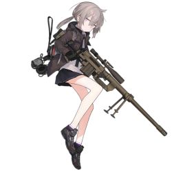  1girl android astg backpack bag blue_skirt bolt_action breasts brown_hair brown_jacket expressionless girls&#039;_frontline gun headset holding holding_gun holding_weapon jacket m200_(girls&#039;_frontline) m200_intervention necktie purple_eyes radio_antenna rifle shirt shoes skirt small_breasts sneakers sniper_rifle solo weapon white_shirt  rating:Sensitive score:8 user:partisann