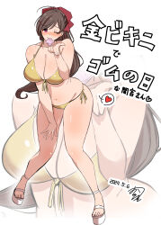  1girl absurdres ahoge alternate_costume bikini blowing_kiss blush breasts brown_hair condom condom_in_mouth condom_wrapper front-tie_bikini_top front-tie_top gold_bikini hair_ornament hair_ribbon hairclip highres huge_breasts kantai_collection long_hair mamiya_(kancolle) mouth_hold nose_blush one_eye_closed oniken ponytail red_ribbon ribbon side-tie_bikini_bottom swimsuit translation_request very_long_hair zoom_layer 