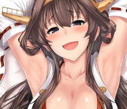 10s 1girl armpits arms_up bare_shoulders blue_eyes blush bra breasts brown_hair cleavage dakimakura_(medium) detached_sleeves hairband headgear japanese_clothes kantai_collection kongou_(kancolle) large_breasts long_hair lying nontraditional_miko on_back open_mouth smile solo ulrich_(tagaragakuin) underwear upper_body rating:Questionable score:54 user:danbooru