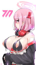  absurdres bandaid bandaid_on_arm bandaid_on_shoulder barcode between_breasts bikini black_bikini black_coat black_jacket blue_archive blush breasts coat condom condom_in_mouth condom_wrapper eimi_(blue_archive) eimi_(swimsuit)_(blue_archive) hair_ornament halo headphones headphones_around_neck headset heart heart-shaped_pupils highres jacket jacket_partially_removed large_breasts looking_at_viewer looking_to_the_side mouth_hold necktie necktie_between_breasts open_clothes open_jacket open_shirt pink_eyes pink_hair puffy_nipples shirt signature swimsuit symbol-shaped_pupils unbuttoned unbuttoned_shirt unzipped white_background white_shirt wire yokohiri zipper zipper_bikini zipper_pull_tab  rating:Questionable score:19 user:Kari