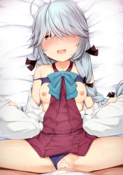 1boy 1girl ahoge bar_censor black_ribbon blue_neckwear blush bow bowtie bra braid breasts breasts_out brown_eyes censored clothed_sex clothing_aside commentary_request cum cum_in_pussy grey_hair hair_between_eyes hair_over_eyes hair_over_one_eye hair_ribbon hamanami_(kancolle) happy_sex hetero holding kantai_collection loli long_hair long_sleeves looking_at_viewer lying missionary nipples off_shoulder on_back on_bed open_mouth panties panties_aside penis pov pussy ribbon school_uniform sex shacho_(ko_no_ha) shirt single_braid small_breasts smile solo_focus spread_legs sweat tears underwear vaginal white_shirt rating:Explicit score:80 user:danbooru