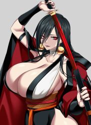  1girl absurdres black_hair black_nails breasts cleavage commentary earrings elbow_gloves gloves highres holding holding_sheath holding_sword holding_weapon huge_breasts hz_(666v) japanese_clothes jewelry jewelry_request katana kimono long_hair open_clothes open_kimono open_mouth original red_eyes red_kimono sheath sleeveless sleeveless_kimono sword symbol-only_commentary unsheathing weapon white_background yakuza 