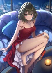  1girl bare_shoulders barefoot blue_eyes blush breasts candle cleavage collarbone dress green_eyes green_hair heterochromia highres idolmaster idolmaster_cinderella_girls jewelry looking_at_viewer medium_breasts mole mole_under_eye necklace nyome991 red_dress short_hair sitting smile solo takagaki_kaede thighs 