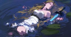  1girl bare_shoulders belt blonde_hair breasts colored_skin dress green_eyes highres ji_yuyun knee_up lily_pad long_hair lying master_sword medium_breasts nintendo on_back parted_lips partially_submerged pink_skin pointy_ears princess_zelda ripples solo strapless strapless_dress the_legend_of_zelda the_legend_of_zelda:_breath_of_the_wild water white_dress 