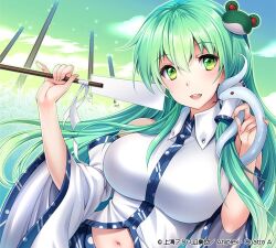  1girl album_cover blue_trim breasts cloud collared_shirt commentary cover detached_sleeves frog_hair_ornament gohei green_eyes green_hair green_sky hair_ornament hand_in_own_hair holding holding_gohei kochiya_sanae large_breasts long_hair lowres midriff official_art petting pillar rakujin shirt single_hair_tube single_sidelock sleeveless sleeveless_shirt smile snake snake_hair_ornament solo teeth touhou touhou_cannonball white_shirt white_sleeves 
