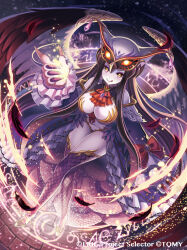 1girl bare_shoulders bow breasts claws colored_skin feathers frills glowing glowing_eyes large_breasts licking_lips long_hair looking_at_viewer madopen magic_circle owl_girl owl_hat solo tagme thighhighs tongue tongue_out very_long_hair white_skin wings wixoss yellow_eyes