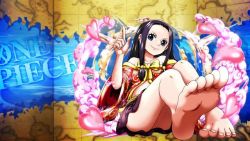  1girl aged_down barefoot black_hair blue_eyes boa_hancock child feet heart long_hair one_piece sitting skirt smile soles solo source_request toes  rating:Sensitive score:29 user:azerty47