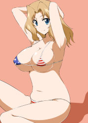  1girl american_flag american_flag_bikini american_flag_print armpits arms_behind_head arms_up belly bikini blonde_hair blue_eyes breasts cleavage closed_mouth commentary_request covered_erect_nipples flag_print girls_und_panzer hair_intakes kay_(girls_und_panzer) large_breasts looking_at_viewer medium_hair micro_bikini navel orange_background print_bikini simple_background sitting smile solo stomach strap_gap swimsuit thighs zerosu_(take_out) 