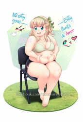1girl artist_name barefoot belly_grab blonde_hair blue_eyes blush breasts chair cleavage closed_eyes closed_mouth cloudxmoe collarbone commentary_request dolphin_shorts earrings english_text facebook_username flower full_body grass green_hairband hair_flower hair_ornament hairband heart highres jewelry long_hair looking_at_viewer medium_breasts navel one_eye_closed open_mouth plump puff_of_air shorts solo spanish_commentary spanish_text stud_earrings tareme teeth thick_arms thick_thighs thighs upper_teeth_only watermark web_address white_background rating:Sensitive score:16 user:danbooru