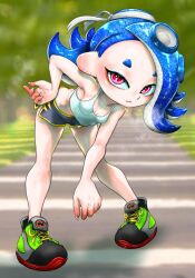  1girl :3 alternate_costume asymmetrical_hair bare_arms bare_shoulders bent_over black_shorts blue_hair breasts butt_crack cephalopod_eyes cleavage closed_mouth colored_skin eyeliner fang fang_out full_body gradient_skin hand_on_own_hip highres horizontal_pupils koharu2.5 legs_apart long_hair makeup medium_breasts multicolored_footwear multicolored_skin nintendo no_earrings octoling pink_eyes red_eyeliner red_pupils red_skin shiver_(splatoon) shoelaces shoes short_eyebrows short_shorts shorts smile solo splatoon_(series) splatoon_3 standing steaming_body suction_cups tank_top tentacle_hair two-tone_skin white_tank_top 