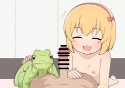  +++ 1boy 1girl 1other :d animal bar_censor blonde_hair blush bow bow_hairband breasts censored closed_eyes collarbone commentary_request completely_nude erection facing_viewer hair_bow hairband hand_on_another&#039;s_thigh hetero hyou-kun idolmaster idolmaster_cinderella_girls iguana_(animal) koga_koharu korean_commentary loli lying nipples nude on_bed on_stomach open_mouth pelican_(s030) penis pink_bow pink_hairband pov short_hair small_breasts smile sweat variant_set 