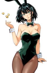  1girl animal_ears black_hair breasts brown_pantyhose cleavage coin cuff_links duplicate earrings fake_animal_ears female_focus fubuki_(one-punch_man) green_eyes haruhisky highres jewelry large_breasts leotard looking_at_viewer one-punch_man pantyhose playboy_bunny rabbit_ears simple_background smile solo strapless strapless_leotard white_background  rating:Sensitive score:111 user:danbooru