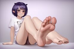  1girl absurdres ass bare_legs barefoot black_nails blue_eyes blunt_bangs blush commentary commission english_commentary feet fingernails foot_focus foreshortening highres hololive hololive_english kairunoburogu legs looking_at_viewer mole mole_under_eye nail_polish ninomae_ina&#039;nis ninomae_ina&#039;nis_(loungewear) official_alternate_costume panties pointy_ears purple_hair shirt short_hair short_sleeves sitting smile soles solo t-shirt toenail_polish toenails toes underwear virtual_youtuber white_shirt  rating:Sensitive score:224 user:danbooru