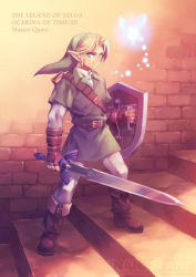  1boy blonde_hair blue_eyes earrings fairy gloves green_shirt hat jewelry link male_focus master_sword navi nintendo pointy_ears shield smile solo stairs sword the_legend_of_zelda the_legend_of_zelda:_ocarina_of_time usui_rina weapon 
