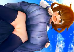 1girl black_skirt black_thighhighs blue_sky blush brown_eyes brown_hair cleft_of_venus clothes_lift cloud cloudy_sky day dutch_angle fang from_below ikazuchi_(kancolle) kantai_collection legs_apart lifted_by_self loli long_sleeves no_panties open_mouth outdoors pleated_skirt pussy school_uniform skirt skirt_lift sky solo standing tai_ichi thighhighs uncensored rating:Explicit score:118 user:Domestic_Importer